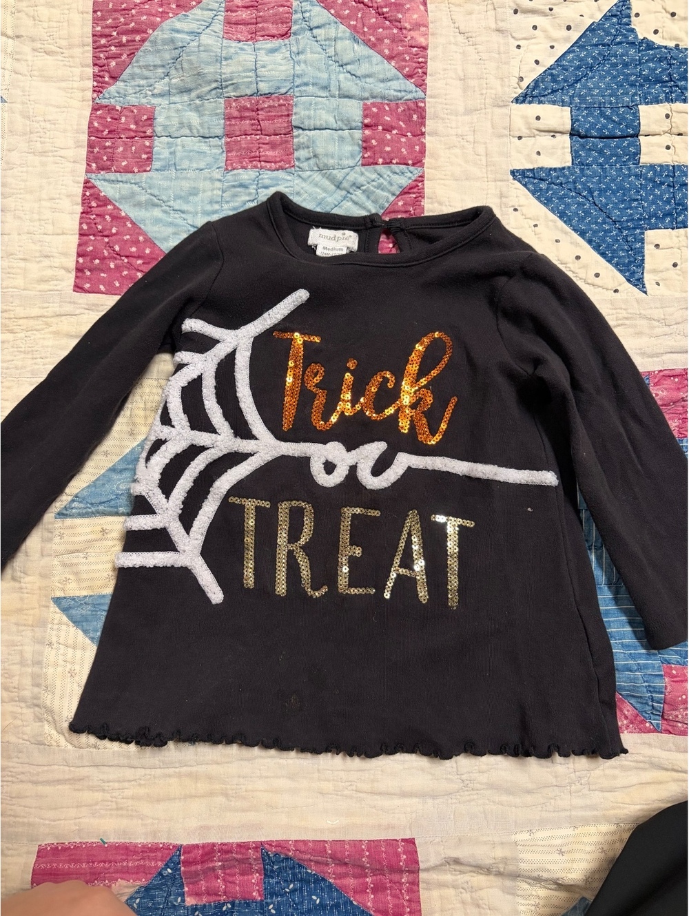 Mud Pie Toddler Girls Black Halloween Sequin "Trick or Treat" Spiderweb Top